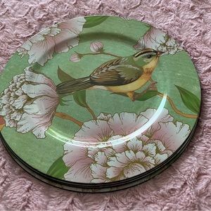 3 The Spring Shop “Soft Spoken” Green + Yellow Floral Bird Plates